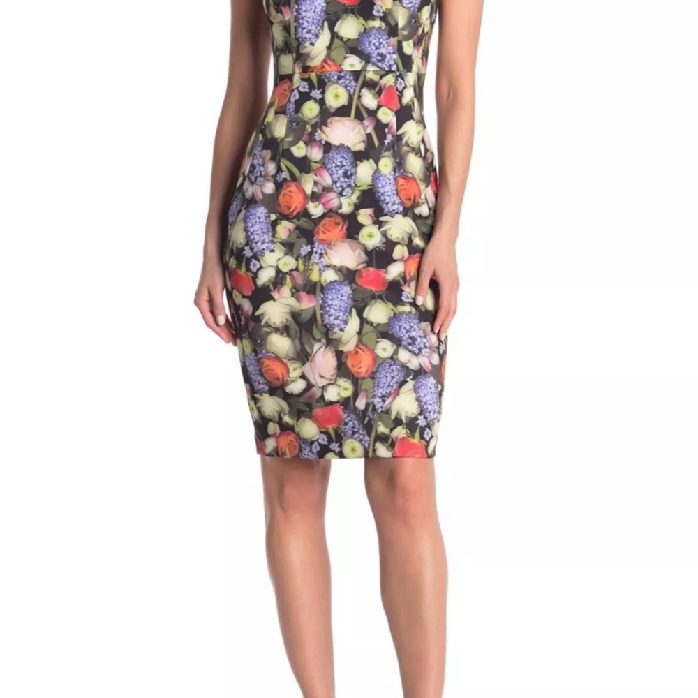 Tahari Sheath Dress Multicolor Floral Sleeveless V-Neck Size 10 New